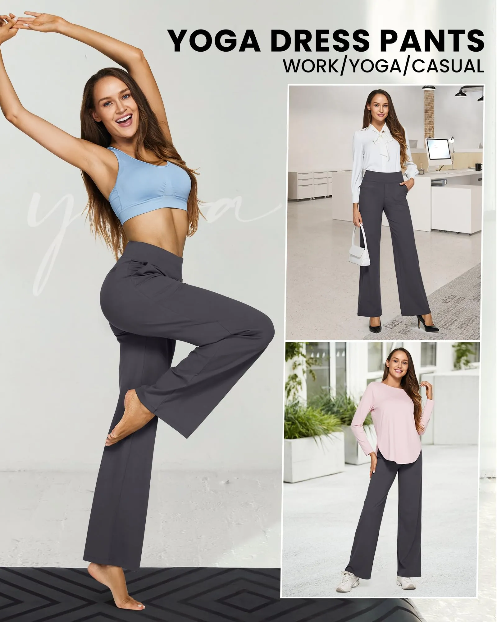 G4Free Women Clothing Wide Leg Yoga Pants for Women High Waisted Dress Pants with Pockets Stretch Caual Sweatpants for Business Work(Dark Grey,M,29")